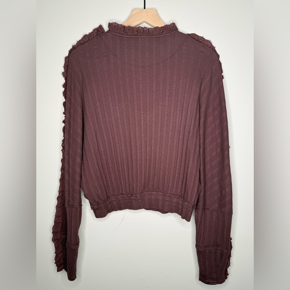 Free People More Romance Eyelet Lace Ruffle Mocha Shirt- Small - Picture 5 of 11